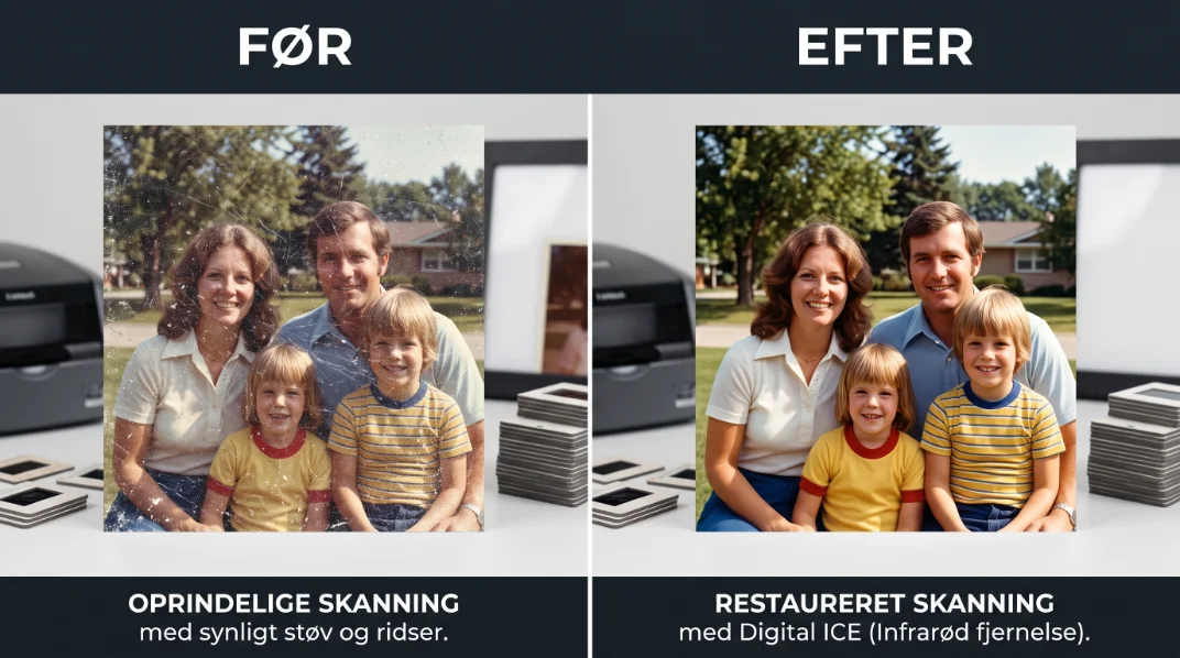 Før og efter: oprindelig scanning med støv og ridser vs. restaureret scanning med Digital ICE
