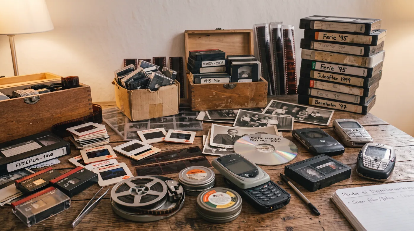 Træbord fyldt med dias, negativstrimler, gamle papirbilleder, videobånd, en CD og gamle mobiltelefoner